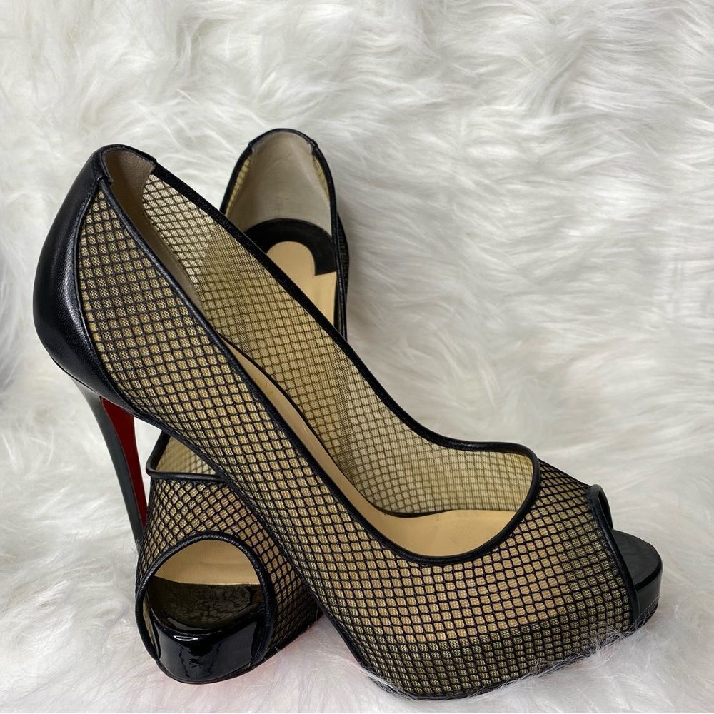 🛍️Christian Louboutin Authentic “Very Rete 120” Black Mesh Peep Toe Heels